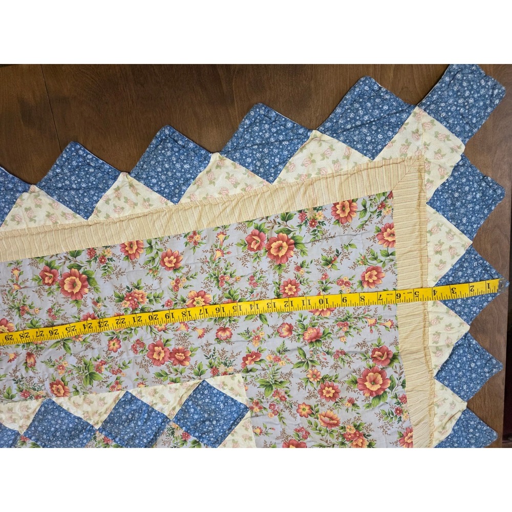 Handmade Patchwork Quilt Floral Gingham Blue Green Yellow Sawtooth Border 81x78 - Picture 6 of 10
